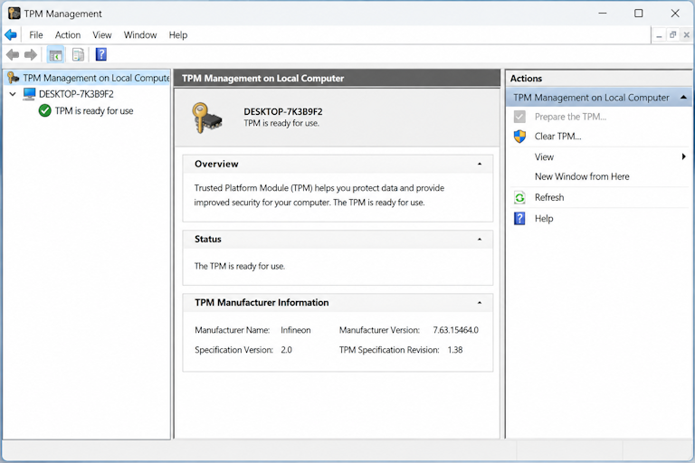 The TPM Management console window on a compatible PC, showing Spec version 2.0 and the status Ready for use under the computer name in the left pane